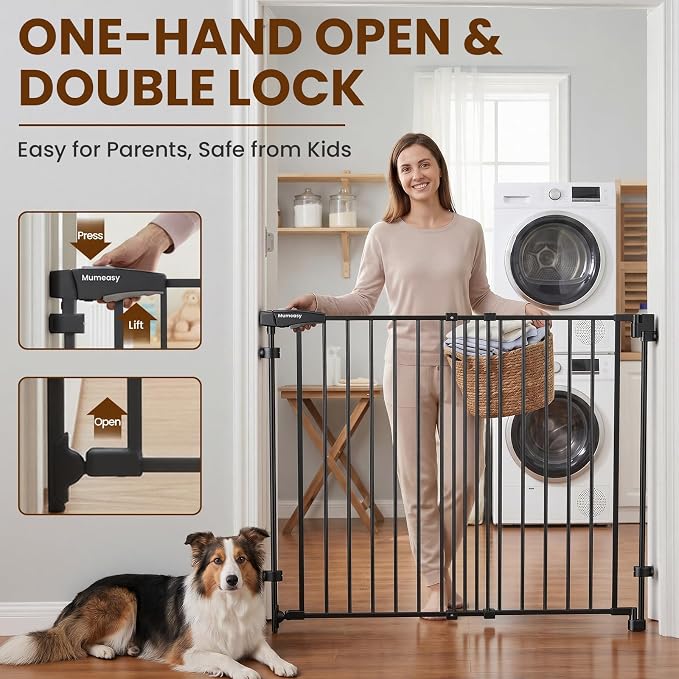 Mumeasy 36" Tall Baby Gate for Stairs, 29.5-43.3" Expandable Hardware Mounted (Drill Needed), Removable No Bottom Bar Dog Gate, Auto Close Wide Walk Thru Safety Gate for Doorways, Pets& Toddlers,Black