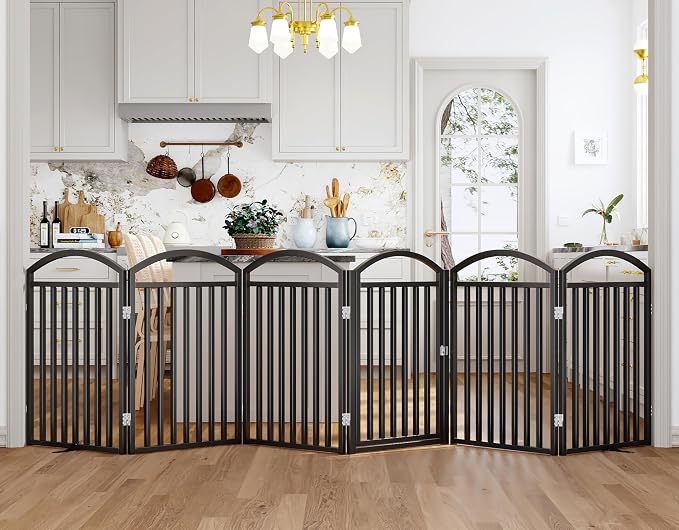 Foldable Pet Fence 144" Wide, 32" Tall,No-Assembly Dog Gate with Door,Black | 6 Panels Metal Folding Freestanding Dog Gate Walk Through,Extra Accordion Puppy Folding Playpen for Doorways, Stairs,House
