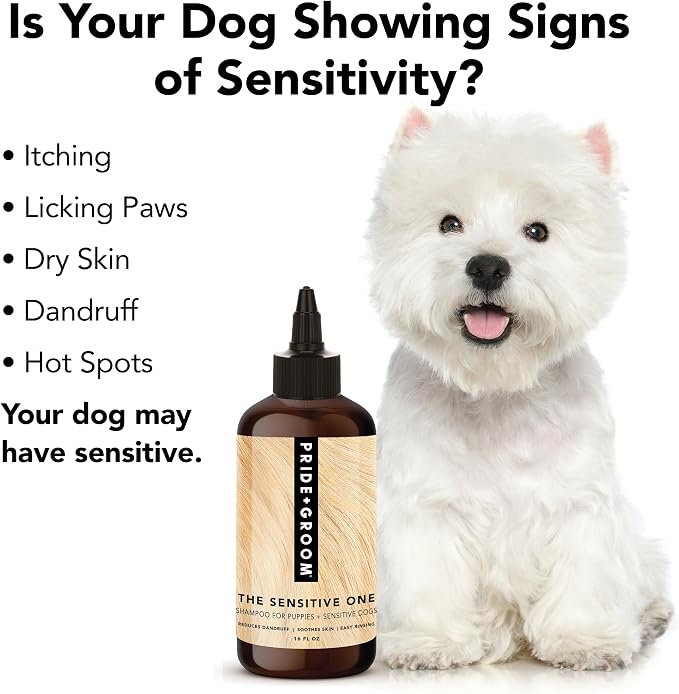 Pride and Groom The Sensitive One Dog Shampoo – All Natural Blend of Essential Oils & Gentle Ingredients for Puppies & Dogs with Sensitive Skin & Coats to Soothe and Regulate Skin & Follicles – 16oz