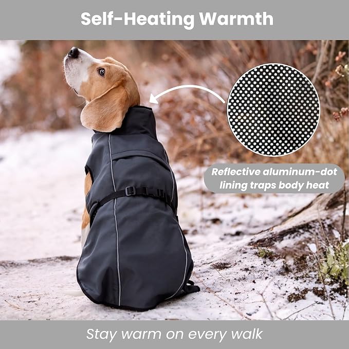 Self-Heating Waterproof Dog Coat Lightweight Thermal Winter Jacket 3XL | Reflective thermal lining retains body heat with no bulk. Waterproof, easy clip-on design for cold-weather walk and adventure