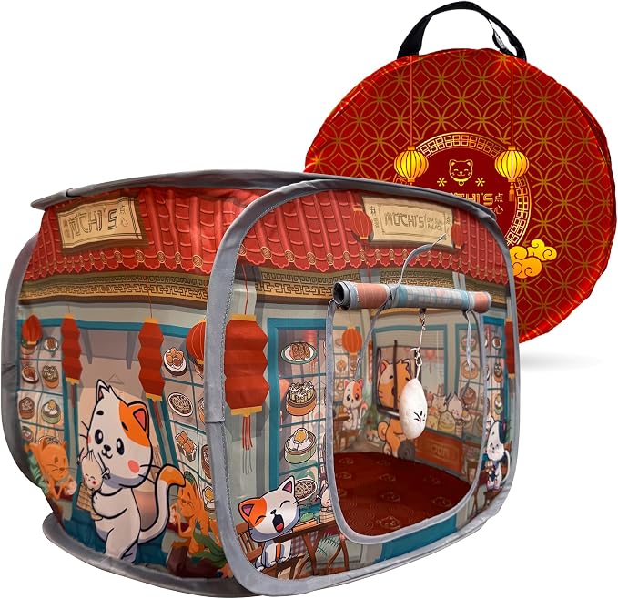 Cat House & Tent for Indoor Cats – Pop-Up Cat Tent House with Catnip Toy, Restaurant Theme for Cats & Kittens, Mochi’s Dim Sum Palace