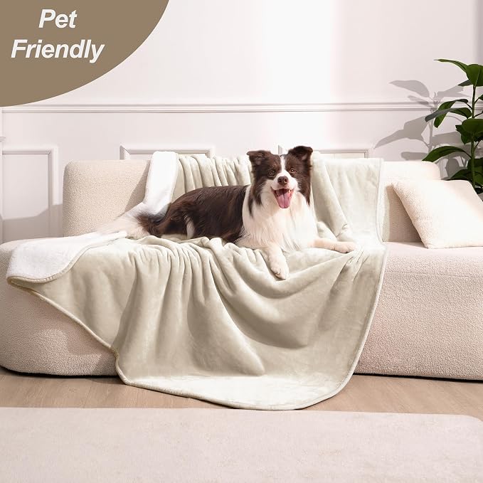gogobunny Waterproof Bed Blanket, Reversible Sherpa Fleece Throw Blanket for Dog Puppy Cat, Furniture Cover Protects Bed Couch Sofa from Liquid Pee and Pet Fur (Cream, 30x40 inches)