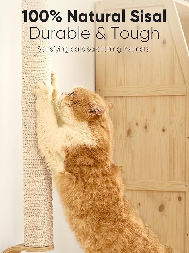 FUKUMARU Cat Wall Scratcher, 60" Tall Kitten Scratching Post | Natural Sisal Pole, Wall Mounted Climbing Tree for Indoor Large Cats