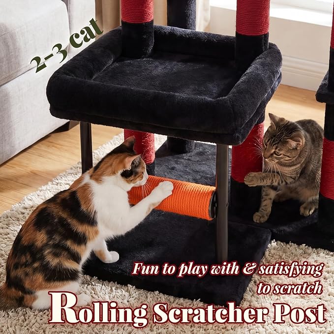 Hey-brother Cat Tree Tower with Stable L-Shaped Widen Base, Condo, MPJ086BR | 68.5 Inches Multi-Level Furniture with 2 Platforms, 11 Scratching Posts, Hammock and Toys Ball for Indoor Cats, Black and Red