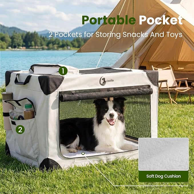 Portable Collapsible Soft Dog Crate for Extra Large Dogs,42in Grey | Oxford Cloth Travel Camping dog kennel with 4 Mesh Windows & 2 Storage Pockets,for Indoor & Outdoor Use