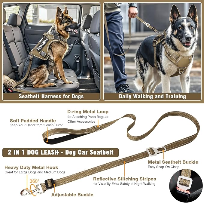 Tactical Dog Harness and Leash Set Medium Sized Dog+10 Dog Patches | Adjustable No Pull Service Animal Dog Vest with Dog Seat Belt,Padded Handles,Reflective Easy Walk for Training Hiking Brown M