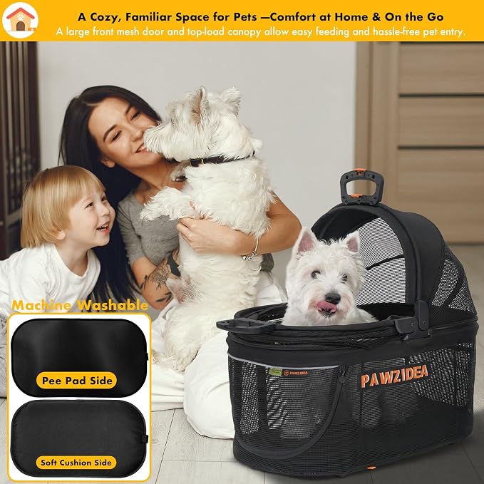 PAWZIDEA Portable Small Dog Crate for Car Travel up to 33lb, Enclosed Dog Car Seat Soft-Sided, Escape-Proof Reversible No-Zip Canopy, Foldable Pet Carrier Seatbelt for Small Medium Puppy & Cats Kennel