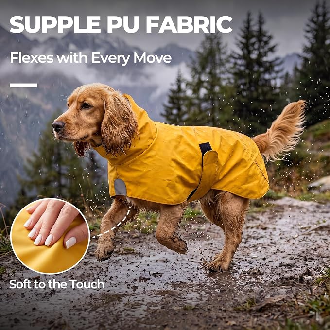 PU Dog Raincoat, Non-Toxic & Odorless Waterproof Vest, Adjustable High Neck and Hook & Loop Belly Closure for Rainy Potty Breaks & Wet Weather Outdoor Walks (Yellow, Medium)