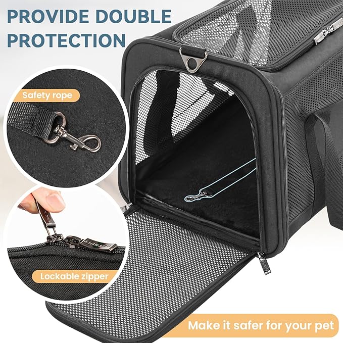PETSFIT 19 x 12 x 12 Large Cat Carrier | Roomy Escape-Proof Cat Car Seat, Safe Driving, Lockable Zippers & Safety Tether, Soft-Sided Travel Carrier