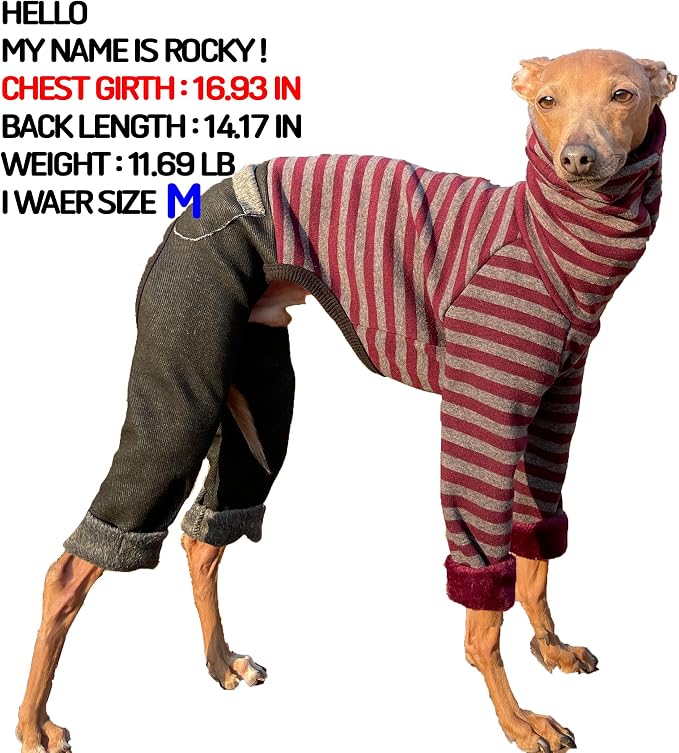 D Doggy Star Italian Greyhound Clothes Stripe Fleece Stretchable Denim Onesie Whippet for Dog Turtleneck Outfits Coat (S,Denim Burgundy)