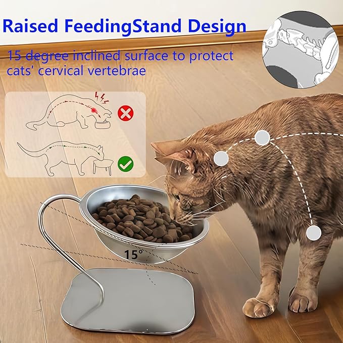 Elevated Cat Food Bowl 15° Tilt Stainless Steel for,2PC | Elevated Cat Bowls, detachable stand, and stainless steel bowl. Reduces neck strain, slows eating, prevents spills