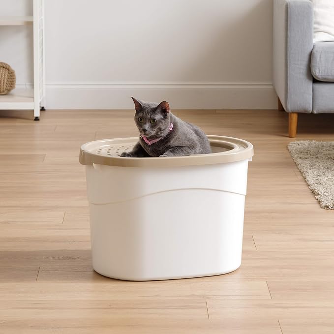 IRIS USA Large Top Entry Cat Litter Box, Hooded Privacy, Beige | Dog-Free Zone, Enclosed Top Access, Protected Interior, Dog Proof Pan, Odor Trapping, Reduced Tracking