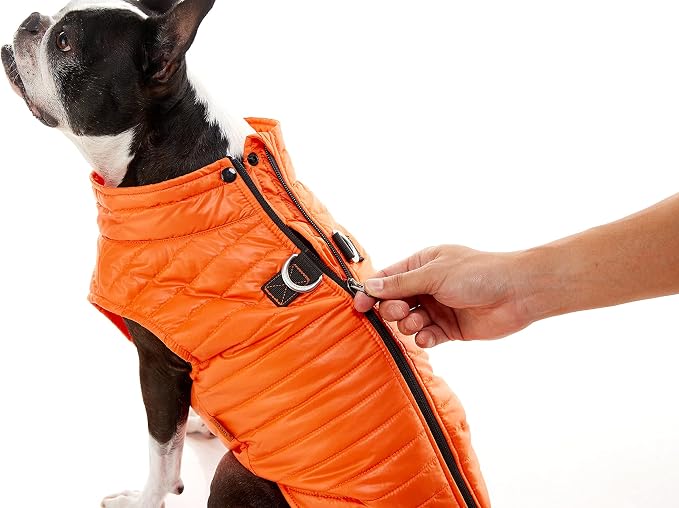 Gooby Puffer Vest Dog Jacket - Orange, Medium - Ultra Thin Zip Up Wind Breaker with Dual D Ring Leash Water Resistant for Small to Medium Dogs