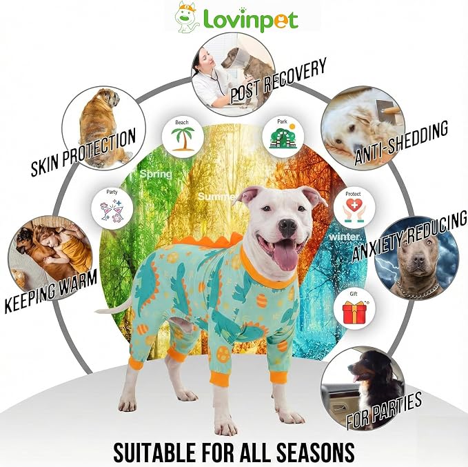 LovinPet Large Dog Pajamas, Four-Leg Stretch Onesie Bodysuit, Lightweight UV-Shielding Pajamas, Anti-Lick Calming Recovery Suit for Surgery, Pull-On for Medium and Large Breeds,Green Orange,XXL