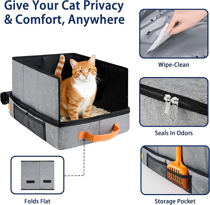 MORAIS Portable Travel Litter Box for Cats, 17.7"×13.5"×11" Collapsible Cat Litter Box with Lid, Leak-Proof Cat Litter Pan for Car Hotel Airplane, Waterproof & Easy to Carry- Gray