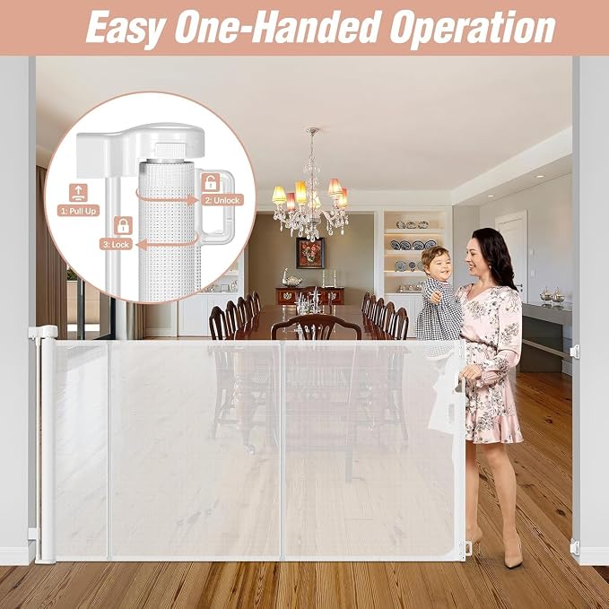 Reinforced 42" Extra Tall x 75" Wide Retractable Gate with Support Rods - Prevent Crawling Under Extra Tall Baby Gate Retractable Dog Gate Indoor Long Dog Gate Outdoor Retractable Pet Gate, White | Tall Retractable Baby Gate Prevents Crawling Under, Sp...