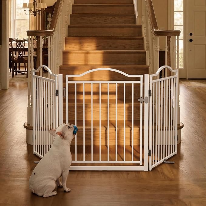 No Pawblems Full Metal Free Standing Dog Gate with Door, 30'' Tall | Foldable Freestanding Pet Gate for Indoor & Outdoor, Up to 78 Inch Extra Wide Dog Fence for Doorways, Stairs, Deck - White