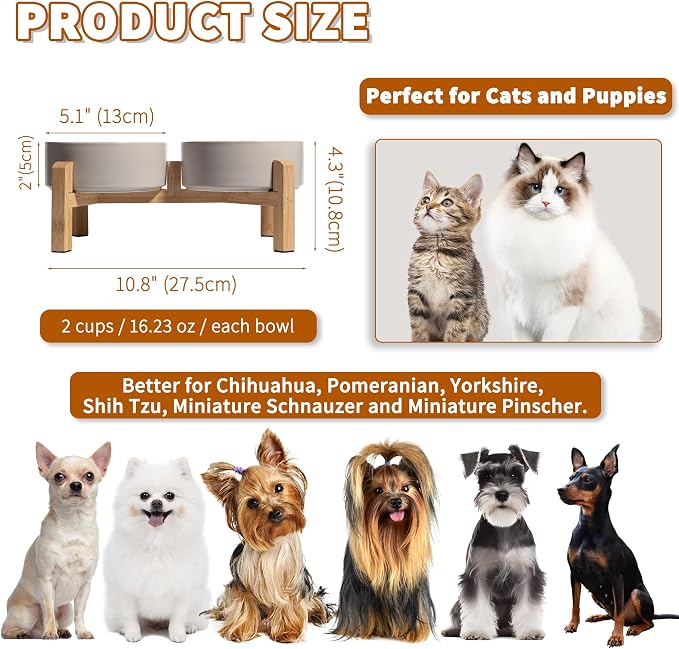 Elevated Ceramic Dog Bowl, 2 Cups Dog Food and Water Bowl Set with Stand | 5.1'' Double Dog Feeding Dishes, Non-Slip Raised Dog Feeder for Cats and Puppies, 16.23 OZ / 480 ML, White