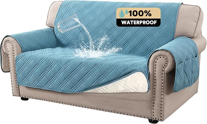 100% Waterproof Loveseat Covers for 2 Cushion Couch Sofa Covers Waterproof and Washable Sofa Slipcover with Side Pocket Furniture Protector with Elastic Straps(Loveseat 48", Smoke Blue)