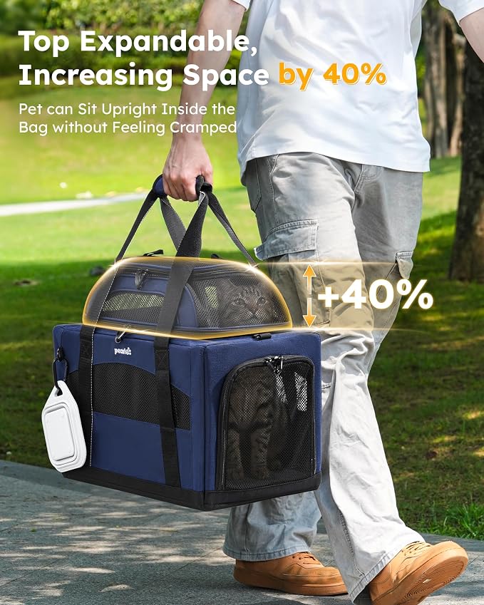 Pecute Cat Carrier, Top Expandable Dog Crate for Travel, Blue | 5mm Anti-Collapse Steel Frame, Soft Mesh, Vet Visits, Foldable Travel Crate,Outdoor Hammock, Leakproof Pee Pad & Bowl