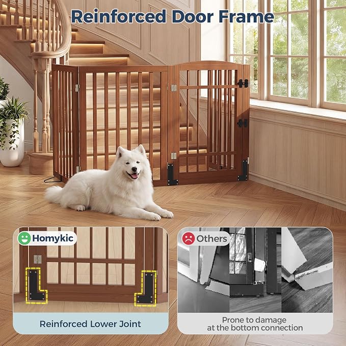 Homykic Dog Gate Indoor, 94.5" W x 30" H Extra Wide Foldable Bamboo Pet Gate with Door, No Assembly Freestanding Dog Fence with 2 Support Feet & 360°Hinges for Doorways Hallways (Walnut, 4 Panels)