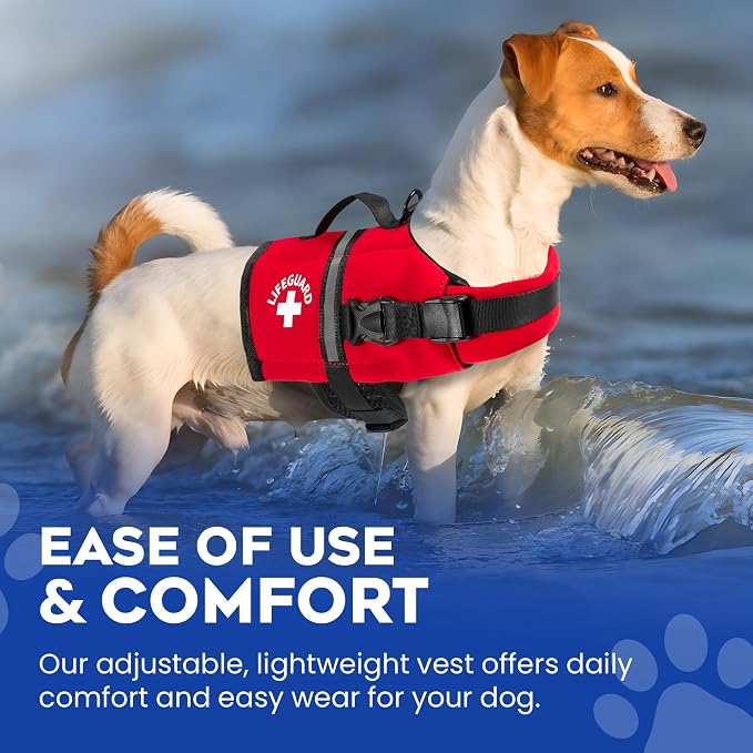 Dog Life Jacket — Premium Swim Vest with SafeChin Anti-Choke Collar | PAWS Aboard Red | RapidLift Rescue Handle, D-Ring, Reflective Trim | Boating, Kayaking, Pool | XX-Small (Under 6 lbs)