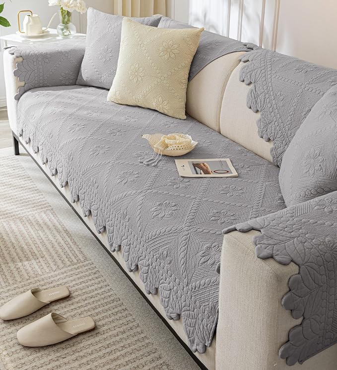 Cotton Quilted Dog Couch Cover for Sofa Farmhouse Rustic Embroidery Sectional Couch Cover Soft Anti-Slip Sofa Slipcover Furniture Protector for Kids, Pets (Grey,43"x43")