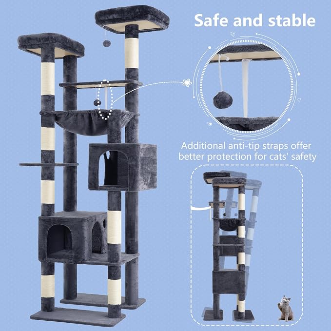 Hey-brother Cat Tree Tower with Multi-Level Duty Scratching Posts, 0MPJ039G | 80.7 Inches XL Cat Furniture with Large Platforms, Cozy Condos, Big Hammock, Toy Balls for Indoor Adult Cats, Smoky Gray