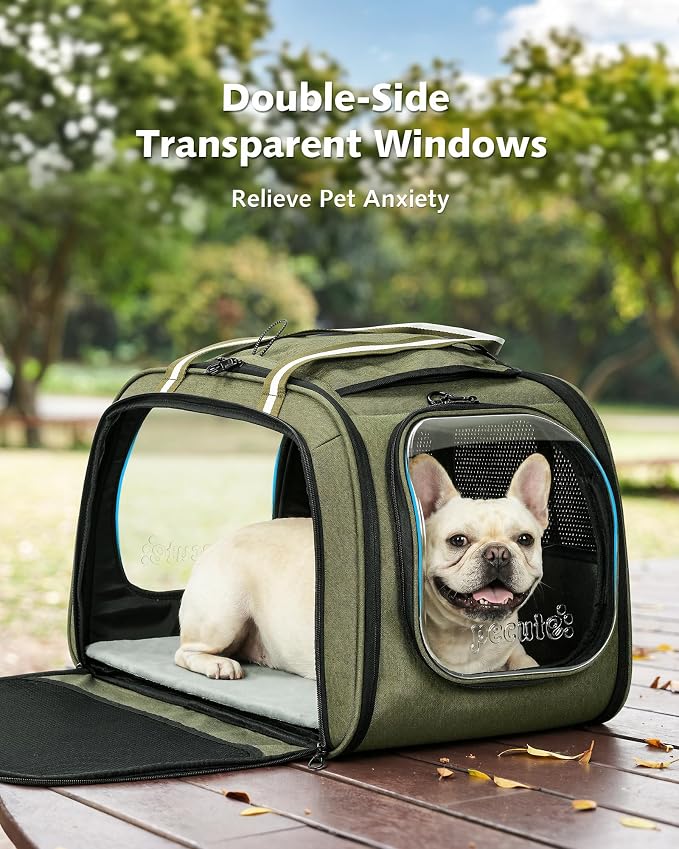 Pecute Cat Carrier with Bubble Window & Sunshade for Dogs Cats, Green XL | Dual bubble windows & top sunshade, 70% more airflow mesh, Impact-resistant stable frame, Locking zippers, Fits up to 20 lbs