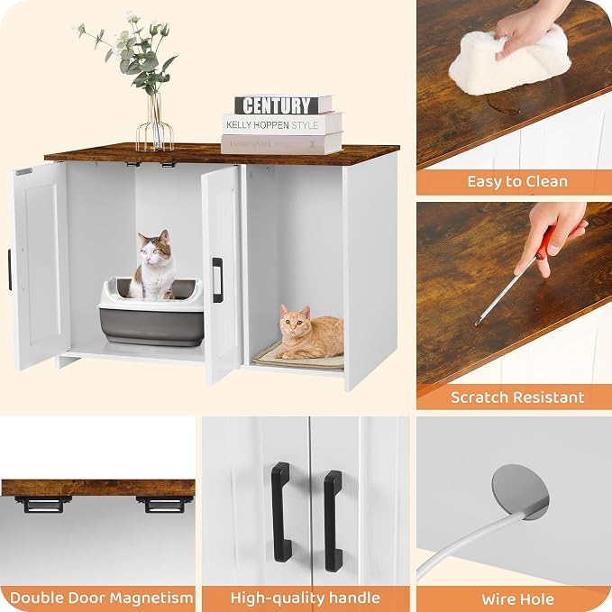 Dwanton Litter Box Enclosure, Cat Litter Box Furniture Hidden, with Scratching Mat, Wooden Cat Washroom Indoor, 31.5" L x 19.7" W x 21.7" H, White and Rustic Brown
