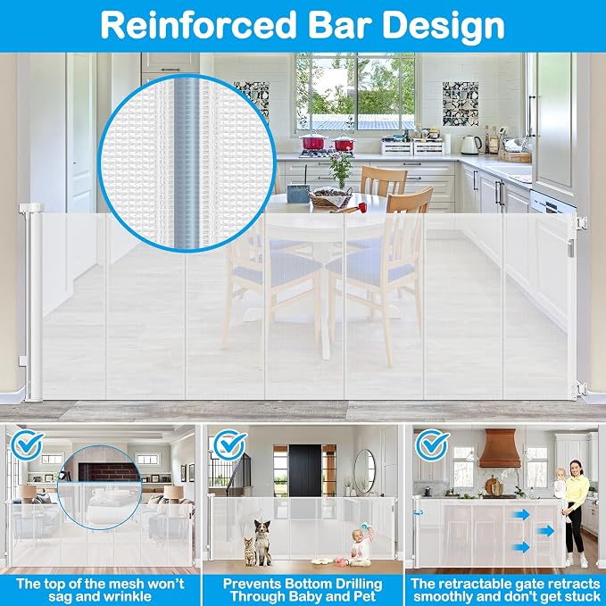 Reinforced 42" Tall X 120" Extra Wide Retractable Baby Gate Extra Long Baby Gates for Large Openings Prevent Kids and Pets from Jumping Over Retractable Pet Gate Reinforced Puppy Gates for Dogs, White