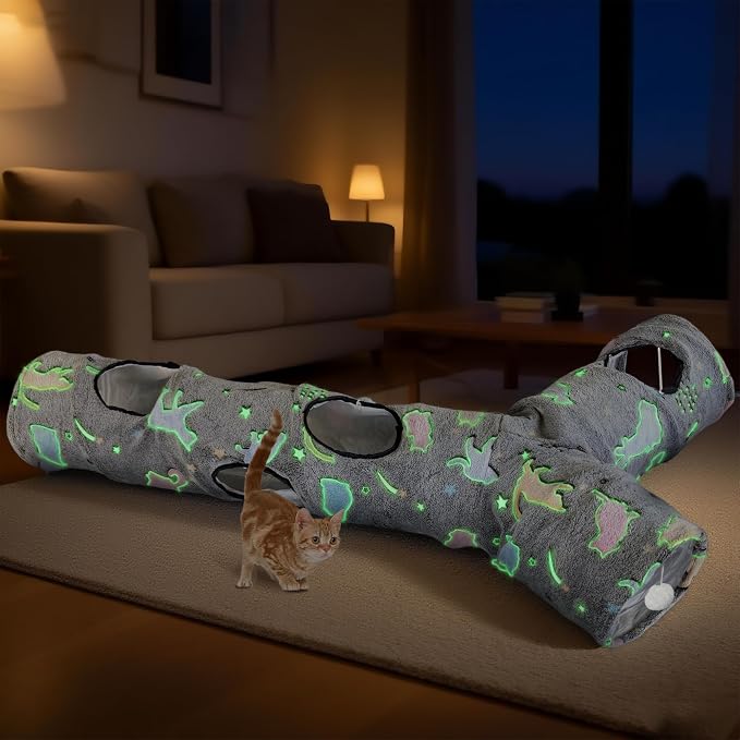 Cat Tunnel for Indoor Cats,Tree Trunk Cat Tunnels with Plush Ball Toys Collapsible,Stars, Moon Shape Self-Luminous, for Indoor Cats,Pets Bunny Rabbits, Kittens, Ferrets