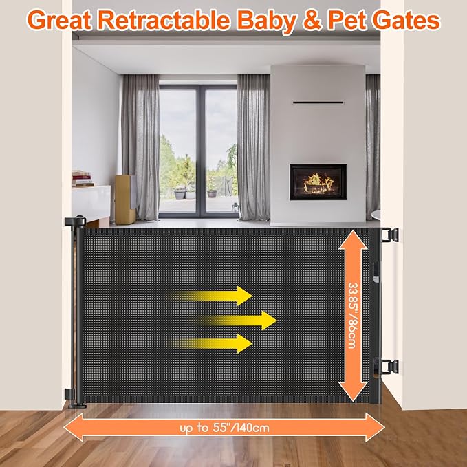 EZIGO 55 Inch Retractable Baby Gates Extra Wide Baby Dog Gate for Stairs | 34 Inch Tall Retractable Dog Gate, One-Hand Operation Mesh Safety Pet Gate for Deck, Porch, Doorways Indoor Outdoor, Black