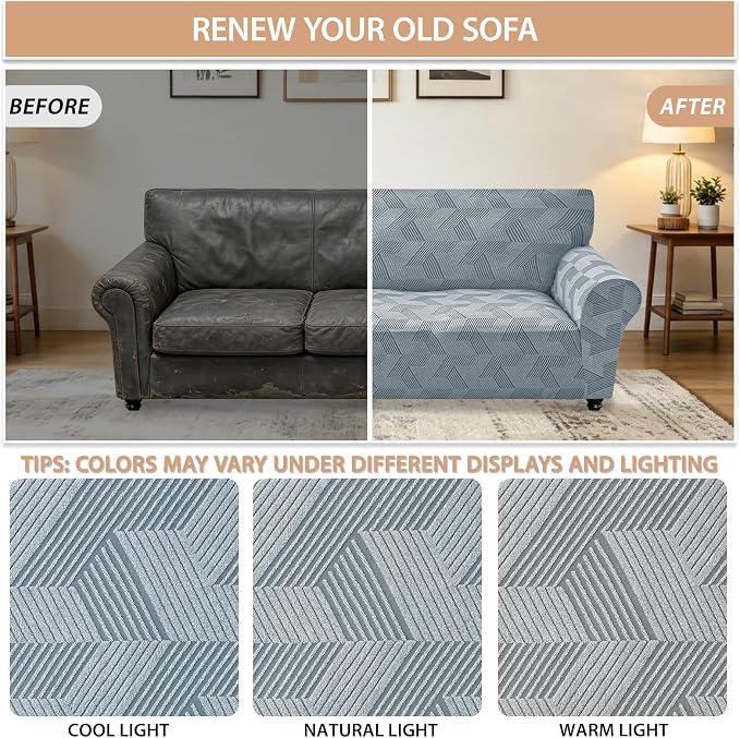 ZNSAYOTX Stretch Oversized Couch Covers for 3 Cushion Couch, 1-Piece Extra Large Sofa Cover Slipcover, Furniture Protector with Elastic Bottom Geometrical Jacquard Fabric (X-Large, Light Grey)