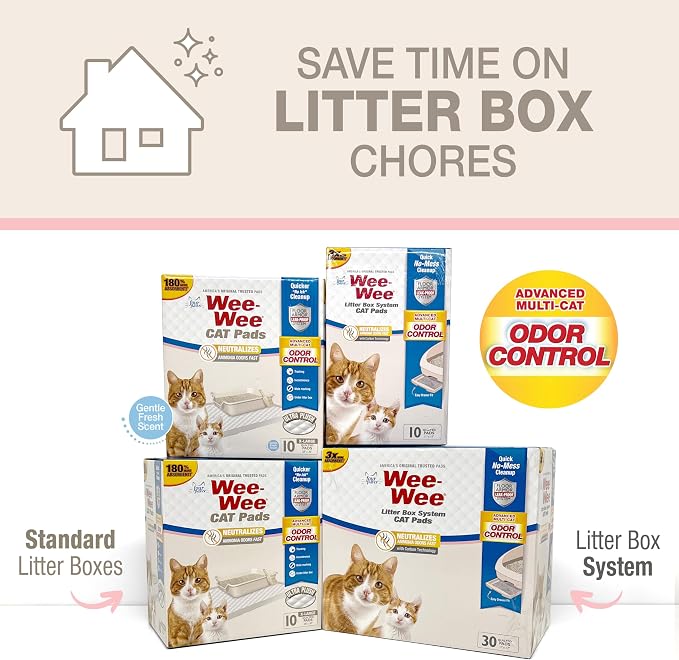 Four Paws Wee-Wee Cat Pads, Fresh Scent, 10 Count | Disposable litter box mats, great for under litter boxes, advanced odor control, fast absorption, litter tracking, 28" x 30"