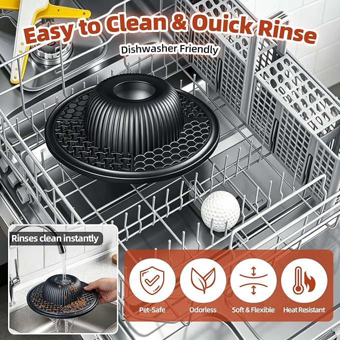 2-in-1 Dog Slow Feeder Bowl & Lick Mat with 2 Rotatable Balls, No-Slip Silicone Anxiety Relief Treat Mat for Dogs & Cats, Dishwasher Safe (Black)
