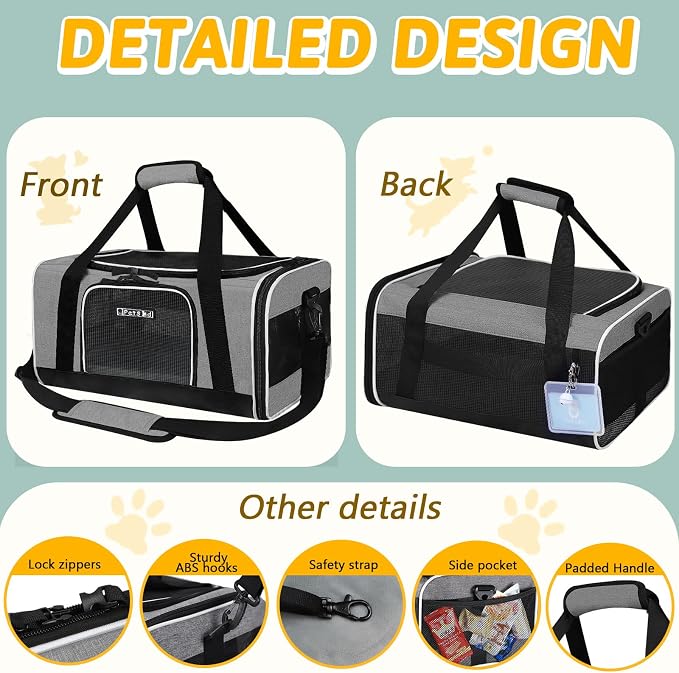 Petskd Small Pet Carrier 17" L x 11" W x 9.5" H Airline Approved, Grey | for Alaska Airlines, Lockable Safety Zippers and Anti-Scratch Mesh, Pets Under 10 lbs
