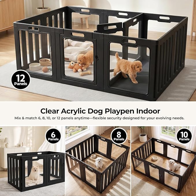 Soulbond Acrylic Dog Playpen Indoor with Partition(24 Inch,Black,12 Panels) | Non-Slip,Tool-Free Assembly, External Door Lock Play Pen for Puppies and Small Dogs with 2 Doors