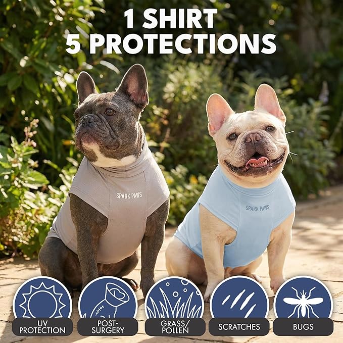 Spark Paws Sunblock Dog T-Shirt, SPF30 Protection, Lightweight Breathable Quick Dry for Dogs with Sensitive Skin - Blue & Grey (Set of 2) - L
