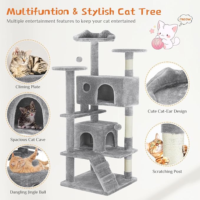 54 Inch Cat Tree Tower with Scratching Post, Light Grey | Multi-Level Cat Tower with Condo and Climbing Ladder, Play Toy Balls House for Indoor Cats