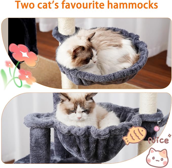 Heybly Cat Tree, 40" Tower with All-Sisal Wrapped Scratching Post HCT006SG | Cat Tower for Indoor Cats, Cat Condo with Soft Platform, 2 Baskets and Dangling Toy, Smoky Gray