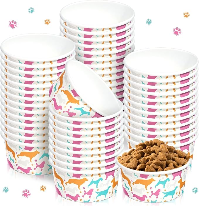 100 Pcs Disposable Dog Bowls 1.5 Cups Pets Disposable Feeding Bowls for Dogs and Cats Pets Paper Travel Cups for Small Medium Dogs Cats Puppy Kitten Dry or Wet Serving Food Water (Classic)