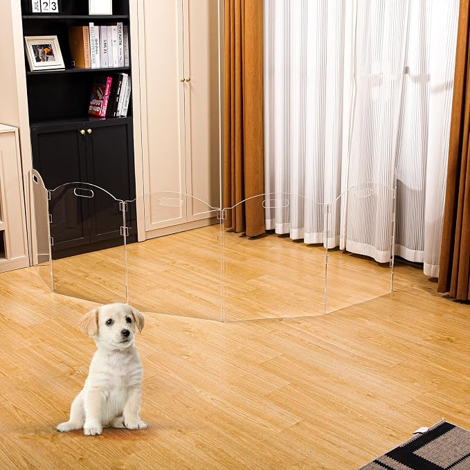 Extra-Wide Clear Acrylic Freestanding Dog Gates for the House – Folding 6-Panel Pet Gates for Doorways, Stairs, and Open Spaces, Transparent Indoor Barrier for Dogs, Puppies & Cats