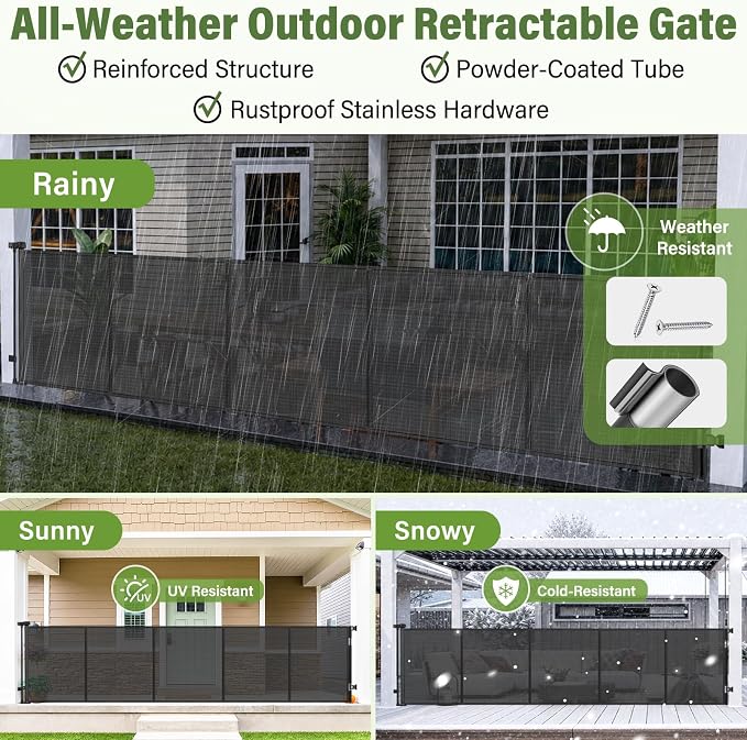 48" Tall 150" Wide Outdoor Retractable Gate for Dogs, All-Weather Resistant | Rustproof Stainless Steel Hardware, Reinforced Tall Retractable Baby Gates Outdoor Retractable Fence, Easy Install, Black