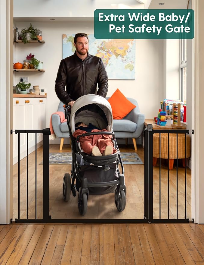 Babelio 36-57" Extra Wide Baby Gate for Stairs No Drilling, Dog Gate Indoor | Pressure/Wall Mount; Triple-lock System; Auto-close; 200N Impact Tested; Easy Install for Doorways, Kitchen, Hallway, Black