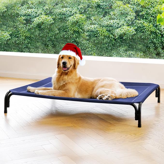 Elevated Dog Bed Raised Outdoor Dog Cot for Large Dogs, Installation Requires No Tools, Frame with Washable Cooling Breathable Mesh Anti-Slip Feet, Indoor Pet Bed, Blue, 43.3 Inches