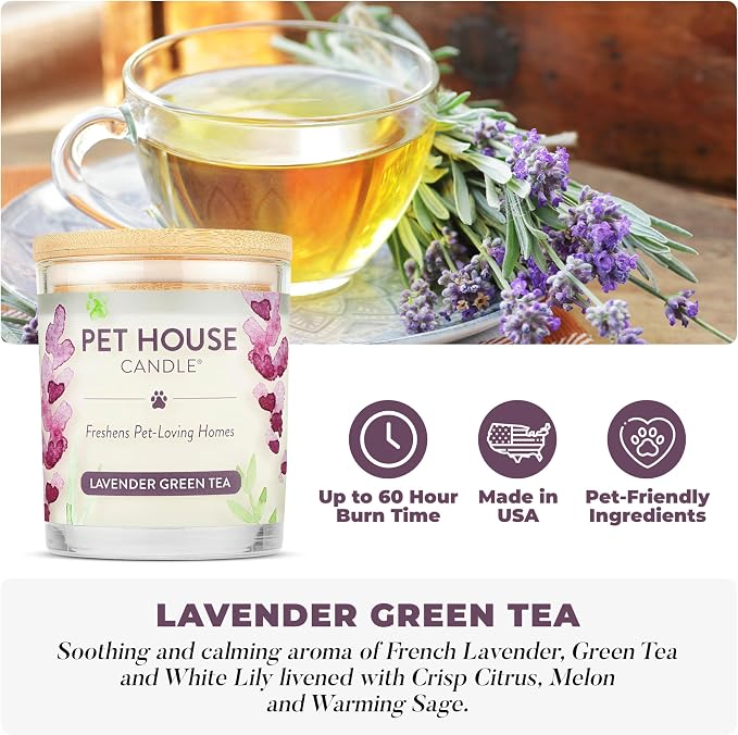 Pet House Candle 2 Pack - Plant-Based/Soy - Clean Burning Scented, Long Lasting Pet Odor Candle for Home - Lavender Green Tea