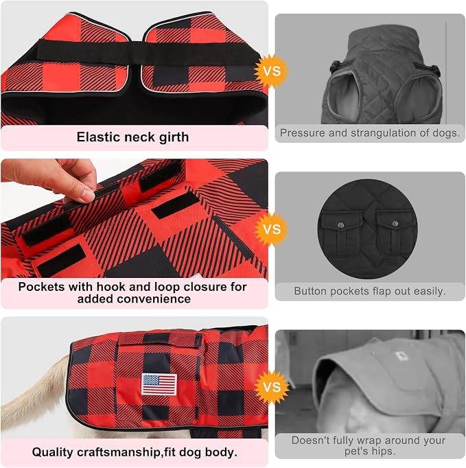 BEAUTYZOO Dog Winter Coat for Large Dogs Waterproof, Warm Reflective Great Dane Oxford Canvas Jacket, Fleece Dog Cold Weather Coats Windproof for Female Male Dogs, Red Plaid L
