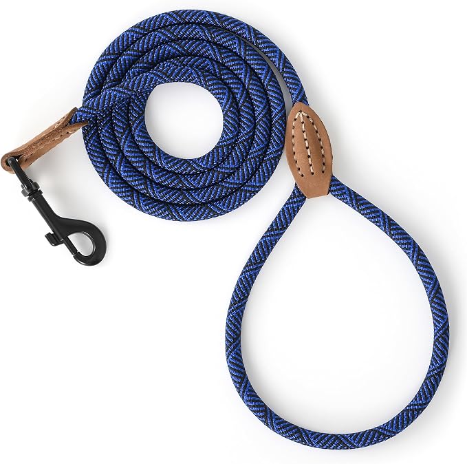 Mile High Life Thin Small Dog Leash with Genuine Leather Connection | Rope Leash, Heavy Duty 360° Swivel Metal Clasp, for Small Medium & Large Dogs (Blue, 72 Inch)