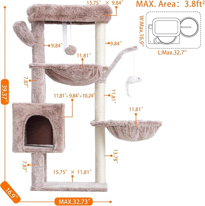 Heybly Cat Tree, 40" Tower with All-Sisal Wrapped Scratching Post HCT006SMU | Cat Tower for Indoor Cats, Cat Condo with Soft Platform, 2 Baskets and Dangling Toy, Rosy Brown